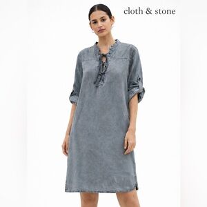 Cloth & Stone Tencel Lyocell Lace Up Shift Dress Gray Size Medium Roll Sleeve